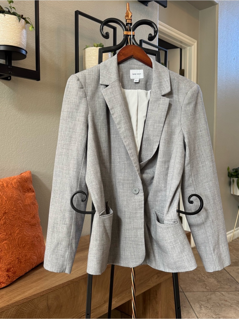 Nine West Light Gray Single-Button Tailored Blazer